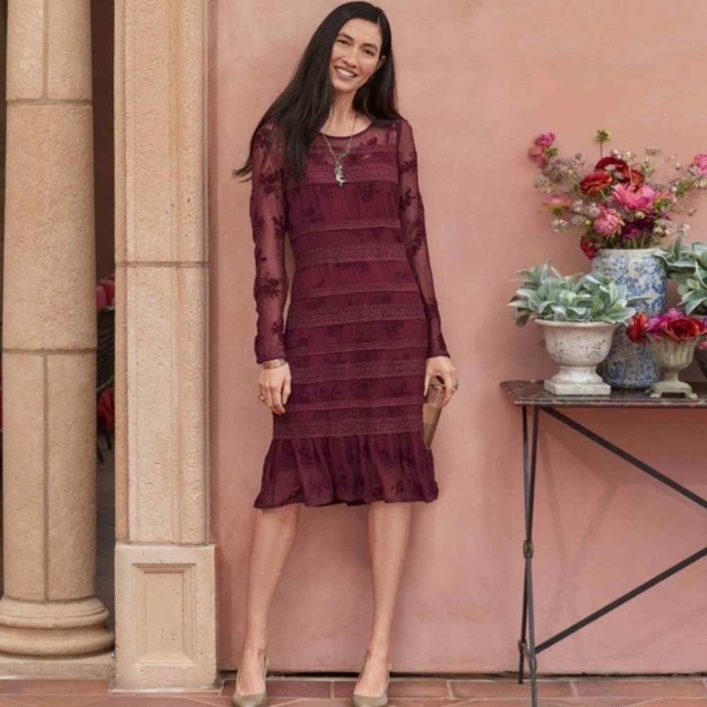 Sundance Burgundy Embroidered Lace Ruffle Hem Dress Womens 14 Boho Romantic